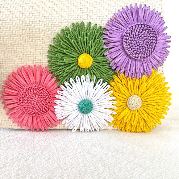 Haute Hippie Straw Bag w/ Colorful Floral Decoration & Bamboo Handle - Picture 3 of 9